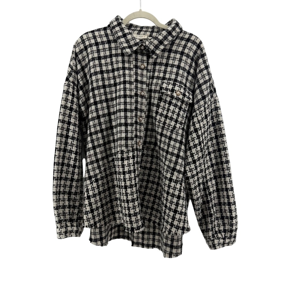 UMGEE Plaid Tweed Shacket Button Down Pearl Buttons Fringe Hem Oversized Top 2XL